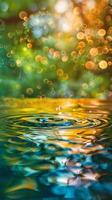 A single raindrop creates ripples in a clear, still pool photo