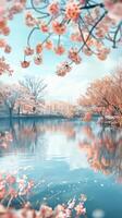 Pink blossoms grace a calm lake with serene blue waters, creating a tranquil spring scene photo
