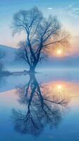 One tree at sunrise, reflected in a misty lake photo