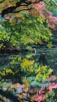 A quiet pond reflects the vibrant colors of autumn leaves photo