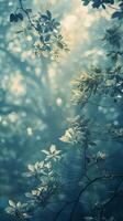 Sunbeams illuminating foliage in a misty forest photo