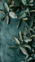 Green leaves on a dark green background photo
