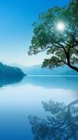 A lone tree stands tall over a tranquil lake, its reflection mirrored in the calm water photo