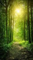 A sunlit path winds through a dense forest, revealing a serene and peaceful scene photo