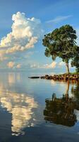 A solitary tree stands on the shoreline, its reflection mirrored in the still water photo