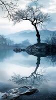 A lone tree stands on a rocky island, its branches mirroring in the still water photo