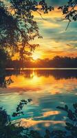 A serene lake reflects the fiery sunset sky photo