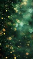 Abstract bokeh with golden lights in a green forest photo