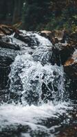 Water cascading over smooth rocks in a lush forest photo