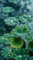 Green leaves with raindrops resting on their surface photo