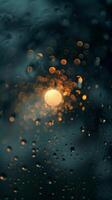 Raindrops on a window with city lights blurring in the background photo