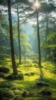 Sunlight filters through the trees, illuminating a mossy forest floor photo