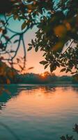 Golden sunset reflects in a tranquil lake photo
