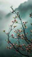 A misty mountain backdrop with blooming branches photo