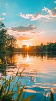 Sunset sky reflected in calm lake water photo