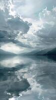 Calm water reflects the sky and mountains photo