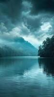 Calm lake waters reflecting a cloudy sky photo