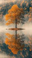 A solitary tree with golden leaves stands in a still lake, creating a perfect reflection photo
