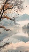 Calm lake reflecting a misty morning sky photo