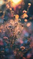 Sunlit wildflowers in a field during the golden hour photo