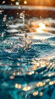 Water droplets splash in a pool at sunset photo