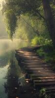 A wooden path winds through a misty forest, leading to an unknown destination photo