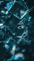 Teal crystals, suspended in the air, refract light photo