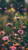 Pink flowers bloom in a soft rain shower photo