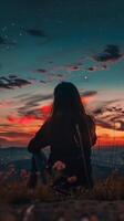 One person sits watching a beautiful sunset, outlined by stars photo