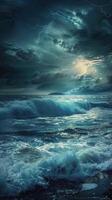Dramatic stormy sea scene with lightning and moonlight illuminating crashing waves photo