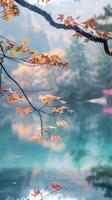 Orange leaves hang over a tranquil lake, creating a serene autumn scene photo