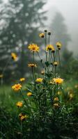 vibrante amarillo flores en medio de un brumoso bosque foto