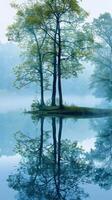 Trees stand tall on an island, reflected in the serene, misty water photo