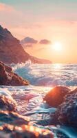 Foamy waves breaking on a rocky shore at sunset photo
