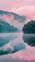 Peaceful lake surrounded by fog-covered mountains at dawn photo