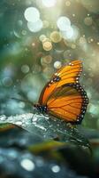 A butterfly with golden wings sits on a leaf covered in dewdrops photo
