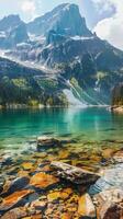 Tranquil mountain lake reflecting the sky and surrounding peaks photo