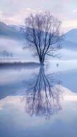 A tree reflects in a calm lake, mist surrounding photo