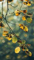 Sunlight bathes yellow leaves on a branch photo