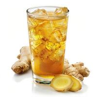 A tall glass of ginger ale with ice and fresh ginger root photo