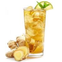 A tall glass filled with ginger ale, ice, and a lime wedge photo