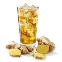 A tall glass of ginger ale filled with ice and surrounded by fresh ginger root slices photo