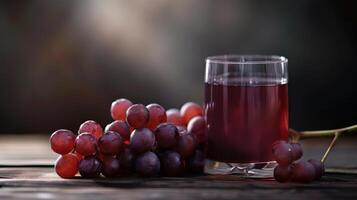 Glass of grape juice and a bunch of grapes on a wooden table photo
