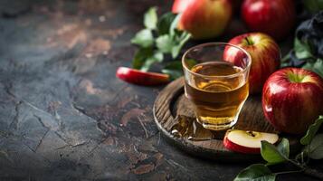 Apple juice on wooden board with apples and leaves photo