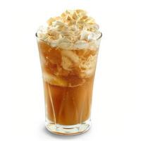 A tall glass filled with a brown, bubbly beverage topped with whipped cream photo