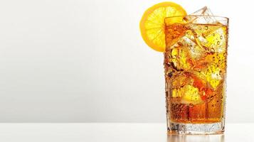 Iced ginger ale with lemon garnish photo