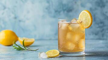 A glass of iced ginger ale with a lemon wedge, ice cubes, and a sprig of rosemary photo