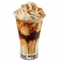 Iced coffee drink with whipped cream and caramel drizzle photo