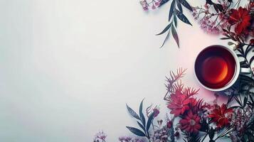 A single cup of herbal tea sits amidst a floral arrangement on a white background photo