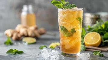 Glass of ginger ale with ice, mint, and lemon photo